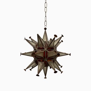 Farol español vintage en forma de estrella de metal con naranja y vidrio esmerilado, años 60