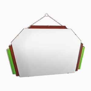 Espejo de pared inglés Art Déco geométrico en rojo y verde, años 30
