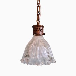Lampada a sospensione Holophane Art Déco in vetro trasparente scanalato, anni '30