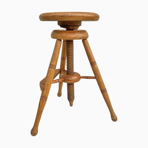 Industrial French Adjustable Wooden Tripod Swivel Screw Stool, 1950s