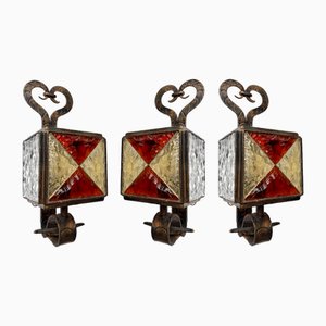Italian Hammered Glass and Wrought Iron Sconce from Longobard, 1970s
