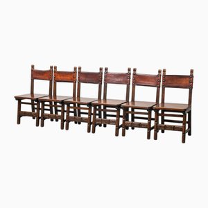 Vintage Esszimmerstühle aus Holz & Braunem Leder, 1920er, 6 . Set