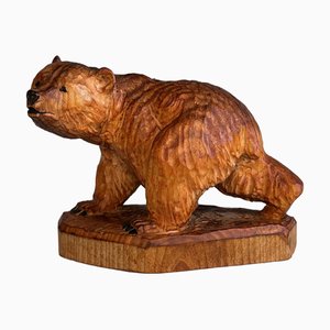 Vintage Rustic Artisan Wooden Hand-Carved Brown Bear Figurine by Henning Engelsen, Norway, 1950s