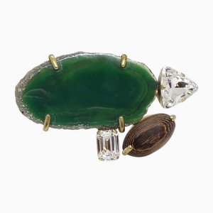 Vintage Italian Green Onyx and Crystal Brooch, 1980s