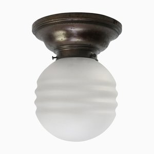Art Deco Brass and Reeded Frosted Glass Ceiling Lamp