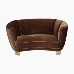 Vintage Danish Two-Seater Curved Sofa in Brown Furniture Velour, 1960s