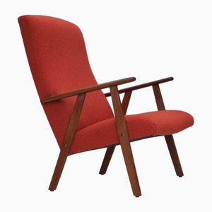 Vintage Danish Highback Chair in Orange Furniture Wool and Teak, 1970s