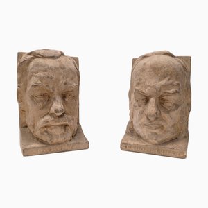 Sujetalibros franceses de yeso de Joanny Durand, principios de 1900. Juego de 2