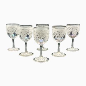 Copas de vino de cristal de Murano iridiscentes y de encaje esmaltado de Salvatori Venetia Pizzo, años 50. Juego de 6