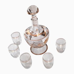 Jarra y vasos dorados, años 50. Juego de 6