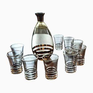 Gilded Decanter and Literary Glasses, 1950s, Set of 10