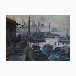 Pascual Bueno Ferrer, Port of Barcelona, 1950s, Oil on Canvas