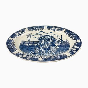 Piatto grande vintage ovale in terracotta blu con decorazione a forma di tacchino, anni '50
