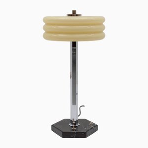 Lampada da tavolo Art Déco in metallo cromato con paralume in vetro e base in marmo, Germania, anni '40