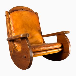 Brutalist Pine Rocking Lounge Chair with Leather Seat from Wasa, 1984