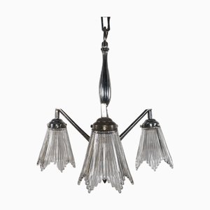 French Art Deco Chrome Chandelier with Prismatic Glass Shades, 1930s