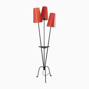 Mid-Century French 3-Arm Floor Lamp with Red Shades, 1950s