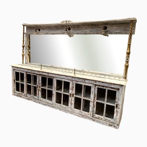 Patinated Wood Shop Counter with Sliding Doors, 20th Century