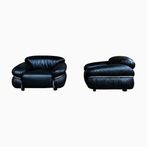 Butacas Sesann era espacial Mid-Century de cuero anilina negro de Gianfranco Frattini para Cassina, Italia, 1972. Juego de 2