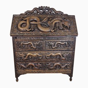 Antique Chinese Wood Secretary with Carved Dragons and Chinese Symbols, 19th Century