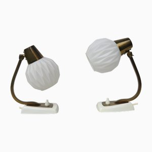 Bedside Lamps in Patinated Brass and White Glass, Set of 2