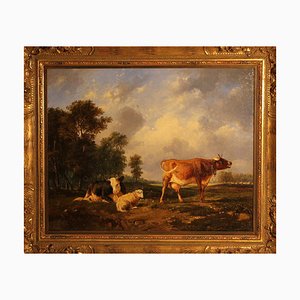 Eugène Verboeckhoven, Animali della fattoria in un paesaggio, 1864, Olio su tela, Incorniciato