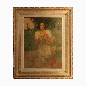 Brynolf Wennerberg, Young Woman with Flowers, Early 20th Century, Oil on Board, Framed