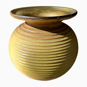 Art Deco Ceramic Vase attributed to Carstens Uffrecht with Ribbed Decor in Ochre Yellow, Germany 1930s