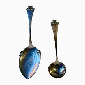 Danish Silver Water Lily Serving Spoons by Hans Hansen, 1930s, Set of 2