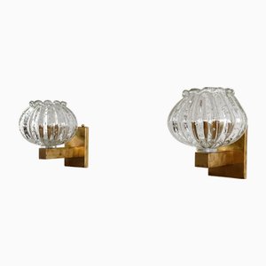 Italian Art Deco Style Murano Glass and Brass Wall Sconces from Barovier & Toso, 1990s, Set of 2