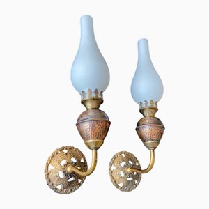 Antique Copper and Glass Wall Lights, 1960s, Set of 2