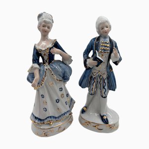 Blue & White Porcelain Rococo Figures Lady & Gentleman with Gold, 1970s, Set of 2