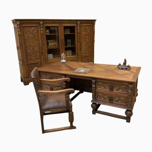 Vintage Desk with Bookcase and Armchair, 1940, Set of 3