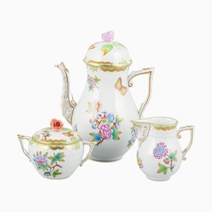 Queen Victoria Kaffeekanne, Sahnekännchen & Zuckerdose aus Porzellan von Herend, Ungarn, 3er Set