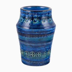 Vaso Rimini in ceramica smaltata blu con motivo geometrico di Aldo Londi per Bitossi, anni '60