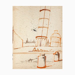 Eugene Berman, Leaning Tower of Pisa, Watercolor on Cardboard, Mid-20th Century