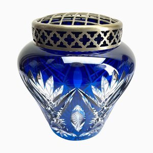 Cobalt Cut-to-Clear Crystal Pique Fleurs Vase with Grille from Val Saint Lambert, 1935