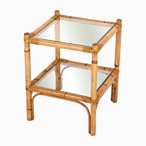 Mid-Century Square 2-Tier Side Table in Glass and Bamboo, Italy, 1970s