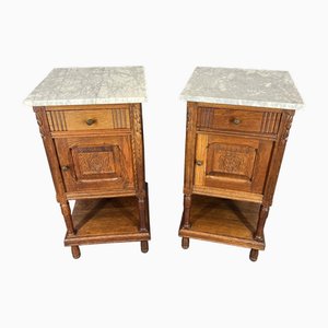 Antique French Oak Bedside Tables with Marble Tops, Set of 2