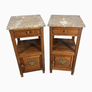 Antique French Oak Bedside Tables with Marble Tops, Set of 2