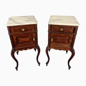 Antique French Walnut Bedside Tables with Marble Tops, Set of 2