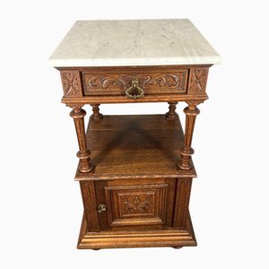 Antique French Carved Oak Bedside Table with Marble Top