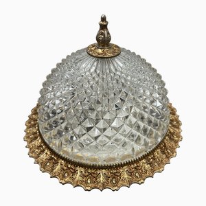 Plafoniera vintage a cupola in cristallo, Francia, con bordo in ottone decorato
