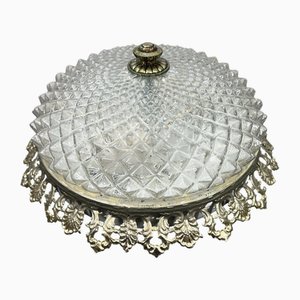 Französische Vintage Deckenlampe aus Kristallglas mit verziertem Metallrahmen