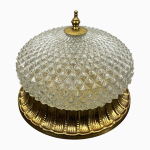 Vintage French Crystal Glass and Metal Dome Ceiling Light
