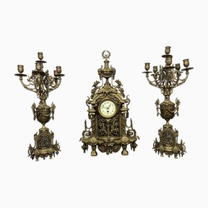 Antique French Style Brass Mantel Set with Twin Candelabras, Set of 3