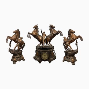 Vintage French Figural Mantel Clock Set in Metal with Horses and Chariot, Set of 3