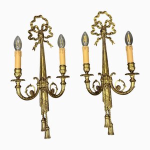 Französische Vintage Wandleuchten aus Messing mit Bändern & Quasten, 2er Set
