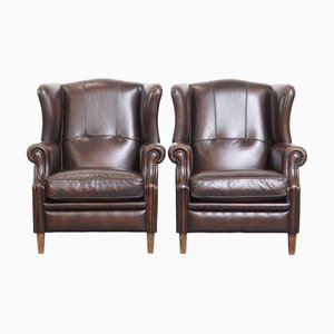English-Style Wing Chairs in Cowhide, Set of 2