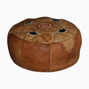Handgefertigter marokkanischer Vintage Leder Ottomane mit Stickerei, 1970er